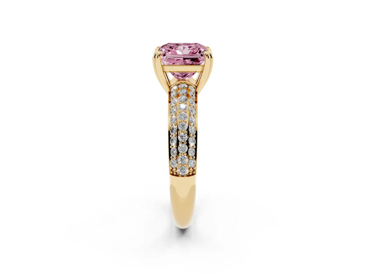 Fancy Pink Princess Cut Diamond Solitaire Ring with Multi-Row Round Pavé Band and Prong Setting Yellow gold