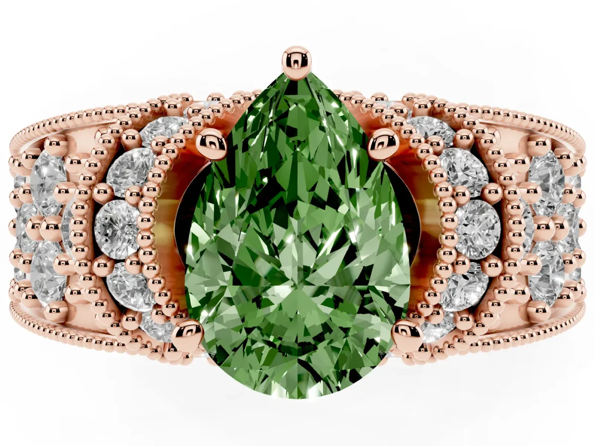 Fancy Green Pear Cut Halo Pave Diamond Engagement Ring with Milgrain Detailing Rose gold
