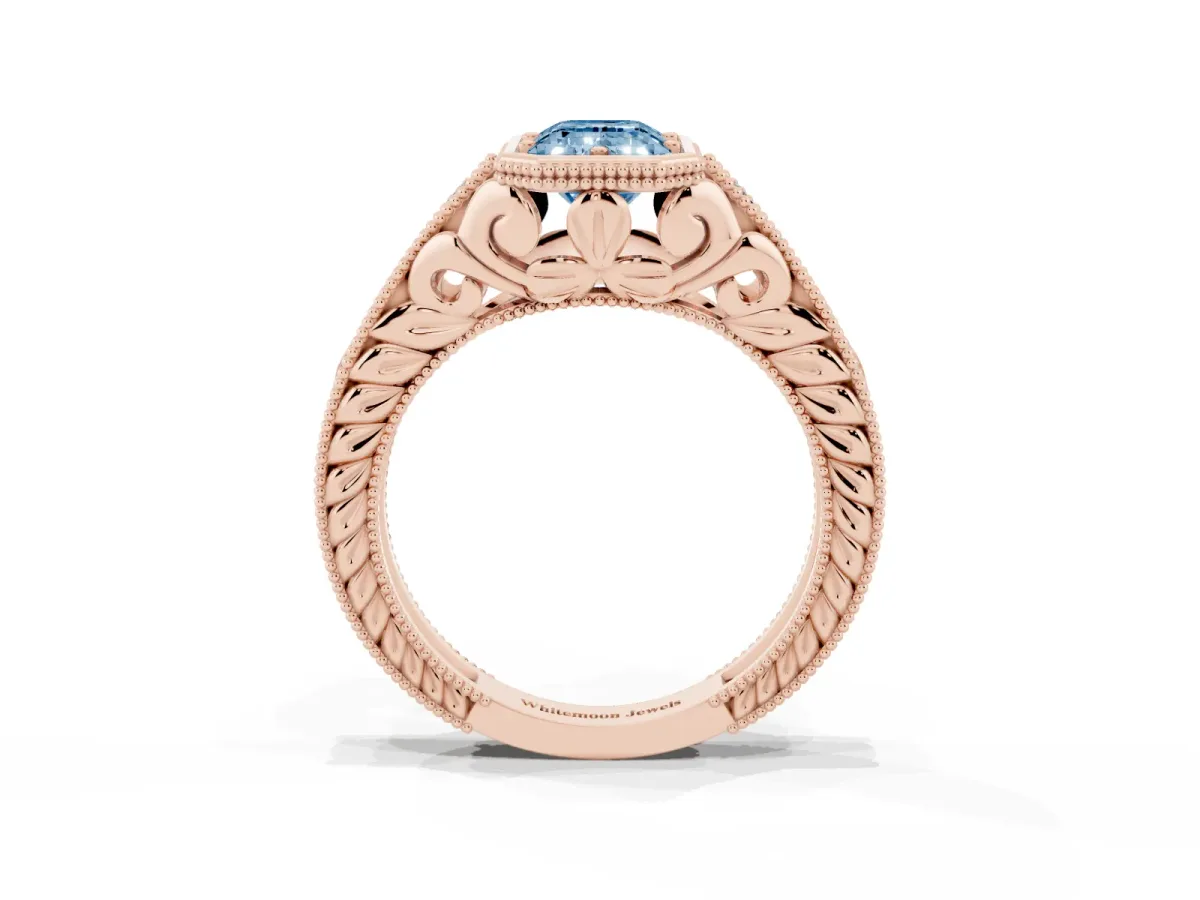 Fancy Blue Bezel Set Emerald Cut Diamond Milgrain Pave Engagement Ring Rose gold