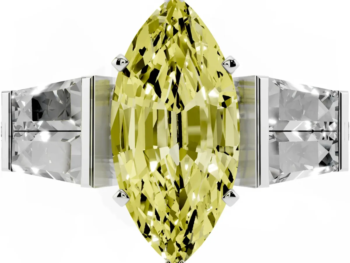 Fancy Yellow Marquise Cut Diamond Engagement Ring with Baguette Side Stones and Channel Set Band Silver