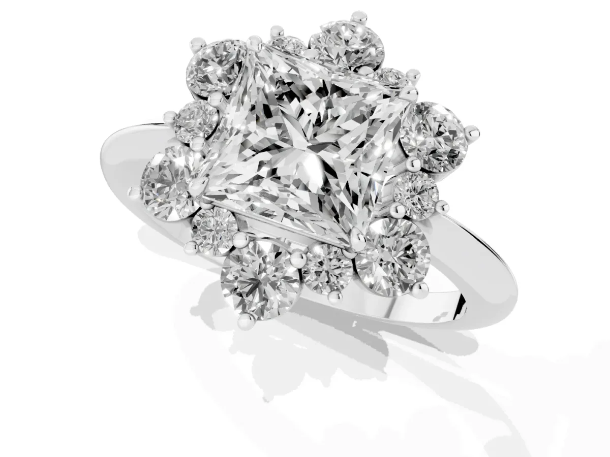 Princess Cut Diamond Cluster Halo Ring with Solitaire Band and Four-Prong Setting Silver