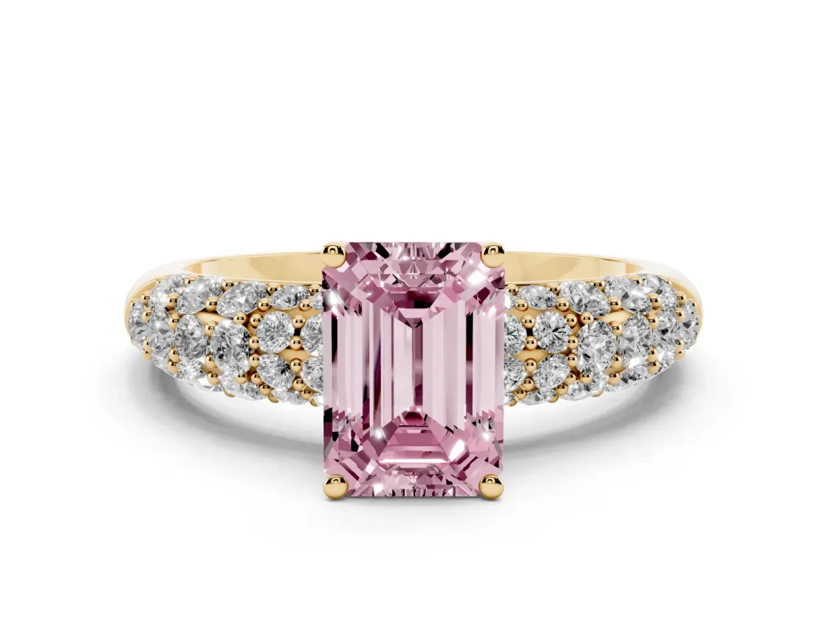 Fancy Pink Emerald Cut Diamond Pavé Band Solitaire Ring with Four-Prong Setting Yellow gold