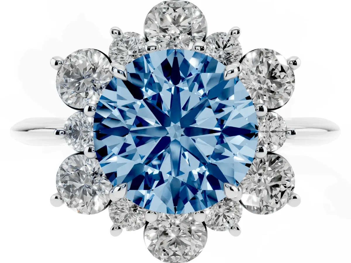 Fancy Blue Round Cut Diamond Cluster Halo Ring with Solitaire Band and Four-Prong Setting Silver
