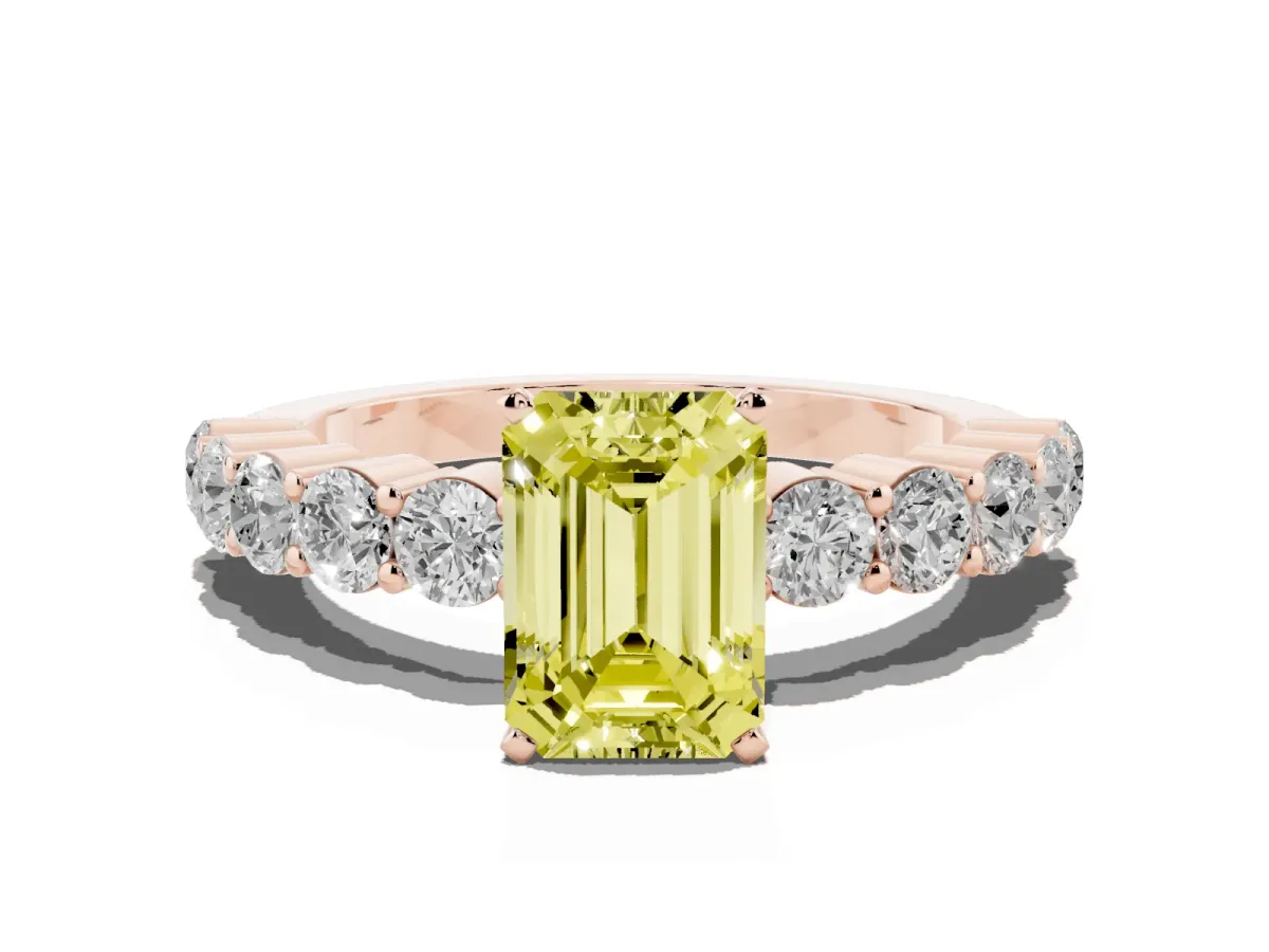 Fancy Yellow Emerald Cut Diamond Solitaire Ring with Shared Prong Round Side Stones Rose gold