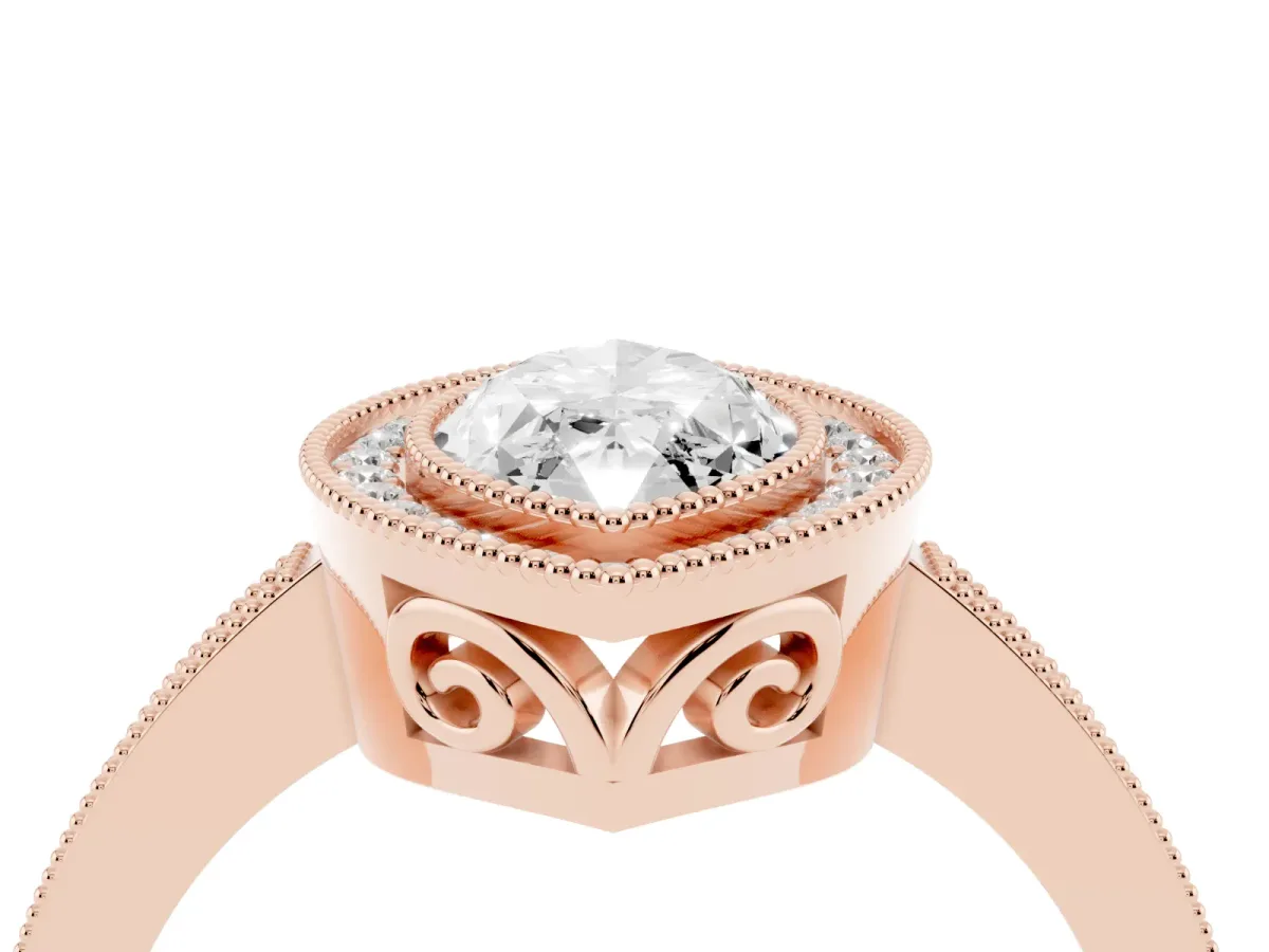 Marquise Cut Cut Halo Diamond Ring with Pavé Band and Milgrain Prong Setting Rose gold
