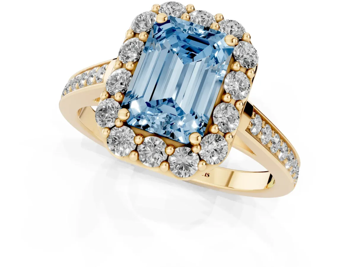 Fancy Blue Emerald Cut Diamond Floral Halo Ring with Pavé Band and Prong Setting Yellow gold