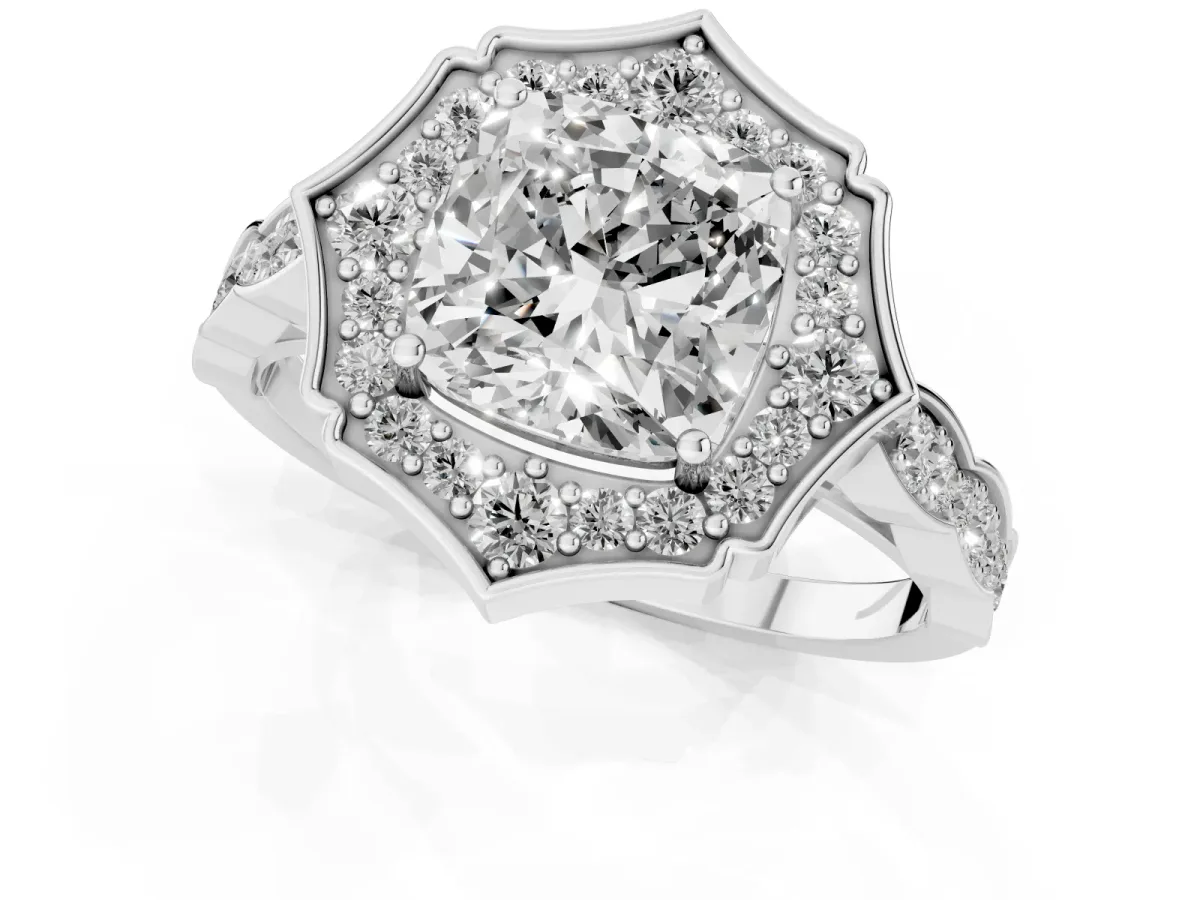 Cushion Cut Halo Diamond Engagement Ring with Milgrain Band and Four-Prong Setting Silver
