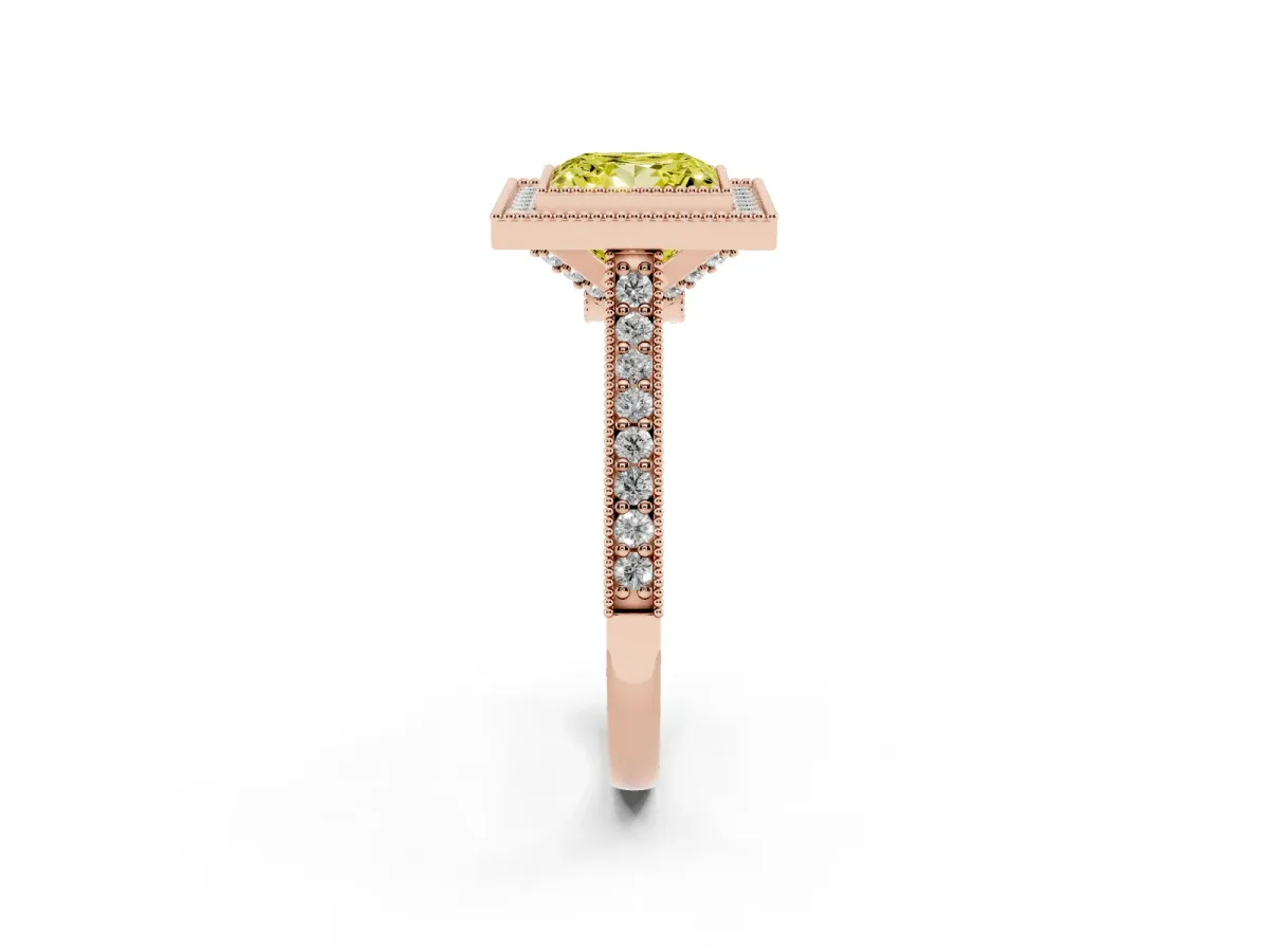 Fancy Yellow Halo Princess Cut-Cut Diamond Pave Band Milgrain Prong Setting Ring Rose gold