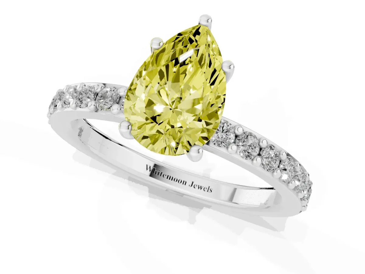 Fancy Yellow Pear Cut Cut Diamond Solitaire with Pave Band and Four-Prong Setting Silver