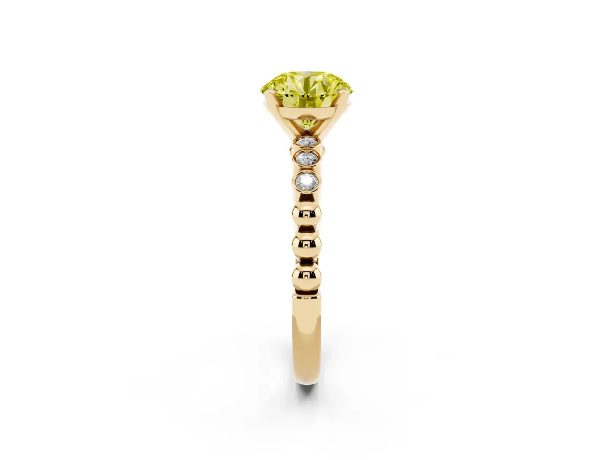 Fancy Yellow Round Cut Solitaire Bezel Accent Diamond Engagement Ring with Beaded Band and Four-Prong Setting Yellow gold