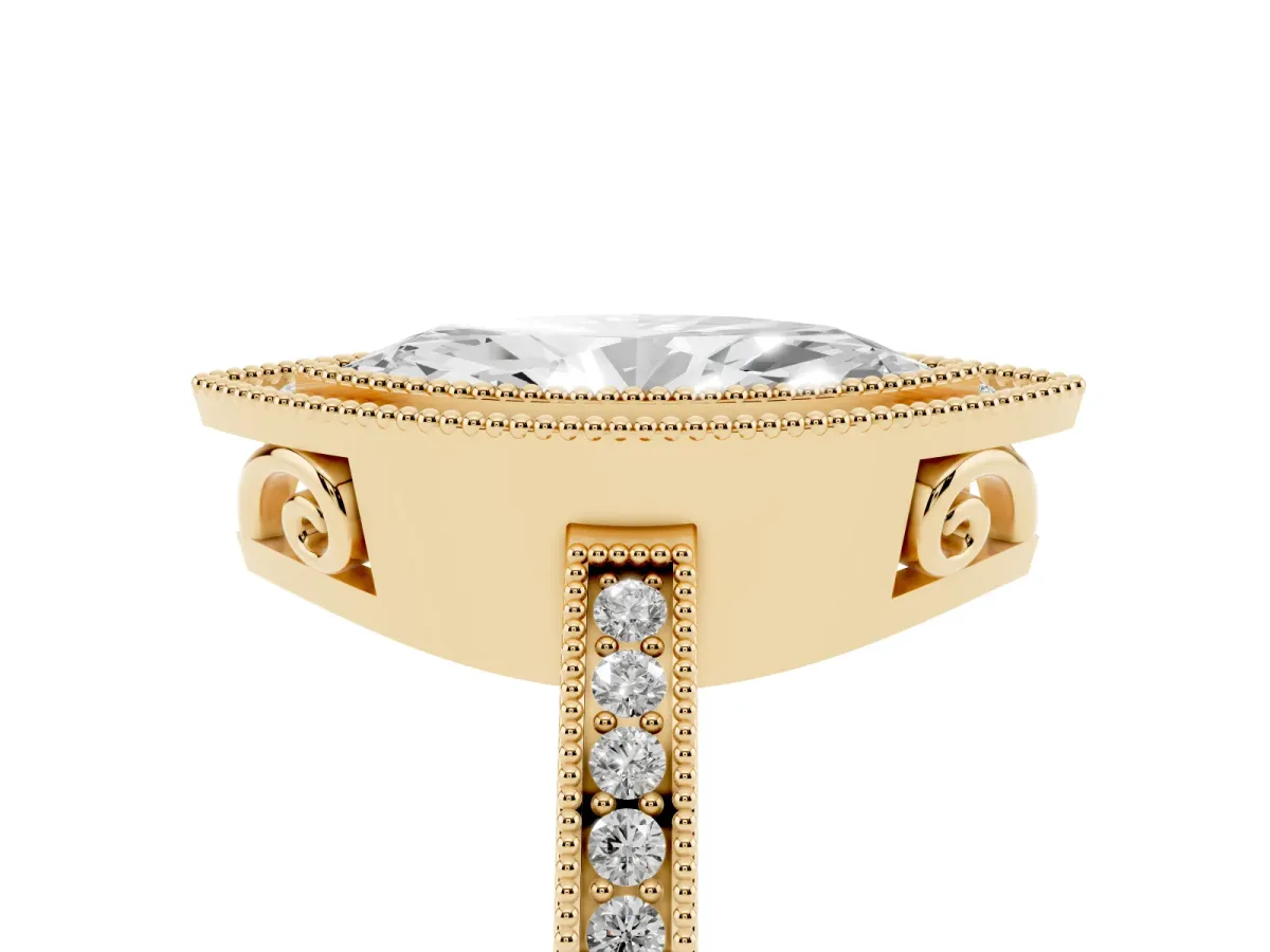 Marquise Cut Cut Halo Diamond Ring with Pavé Band and Milgrain Prong Setting Yellow gold