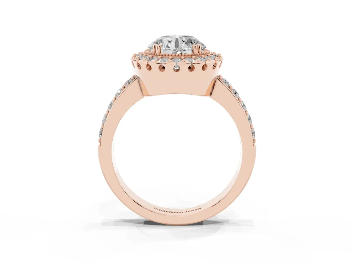 Round Cut Diamond Halo Ring with Pavé Band and Prong Setting Rose gold