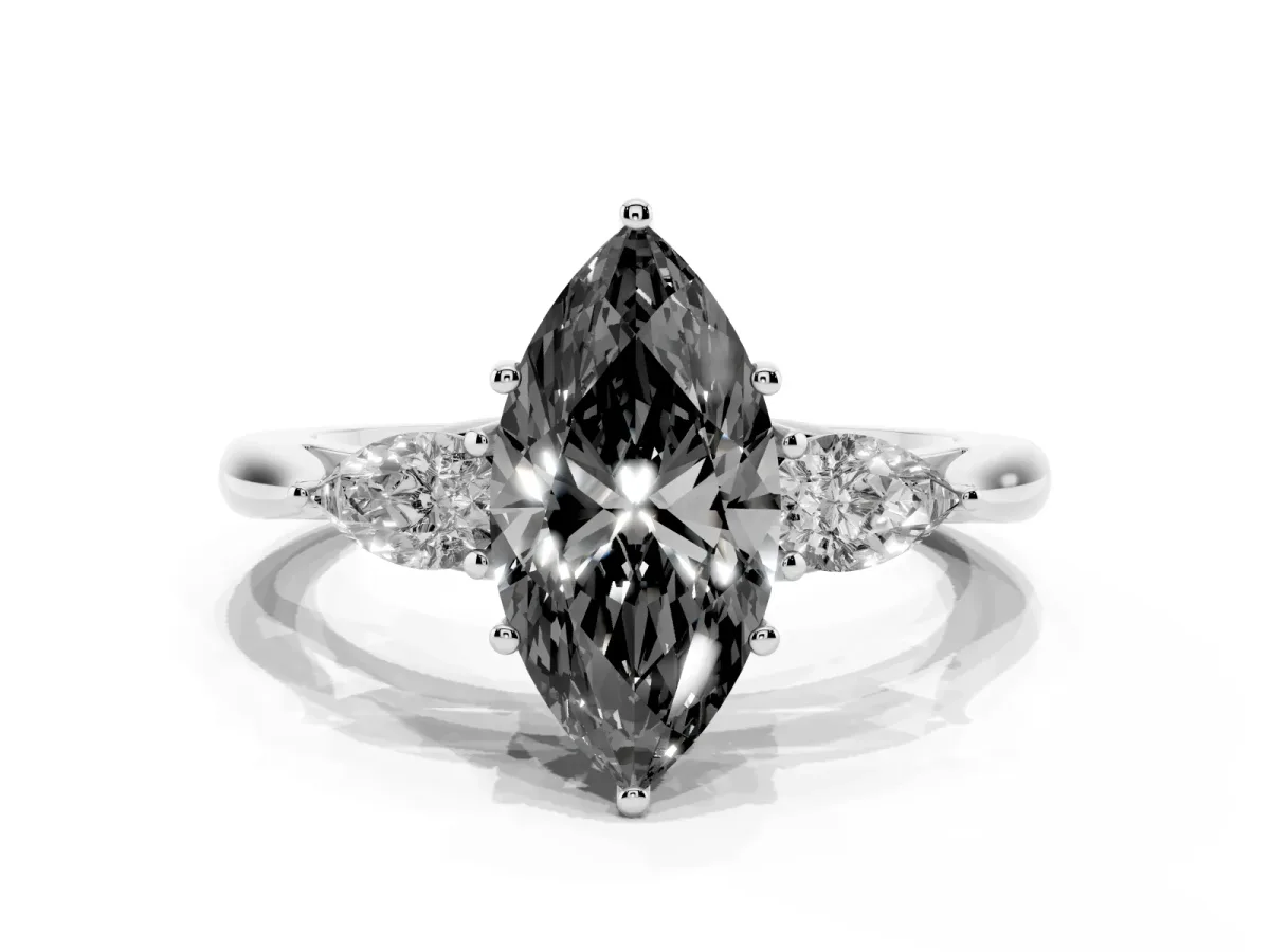 Fancy Black Marquise Cut Diamond Three-Stone Ring with Pear Side Stones and Prong Setting Platinum