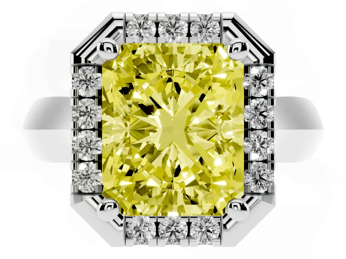 Fancy Yellow Radiant Cut Cut Halo Solitaire Engagement Ring with Square Band and Four-Prong Setting Silver