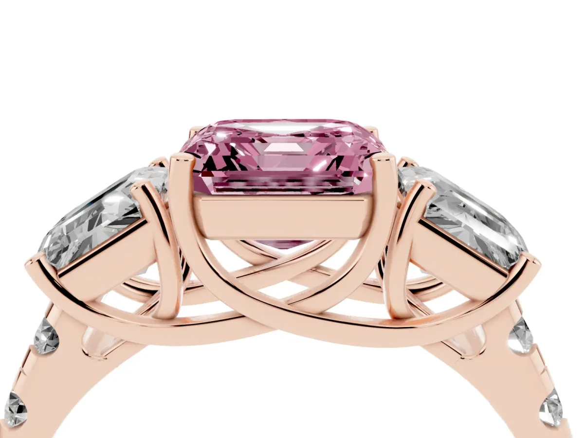 Fancy Pink Three-Stone Asscher Cut Diamond Pavé Band with Prong Setting Rose gold