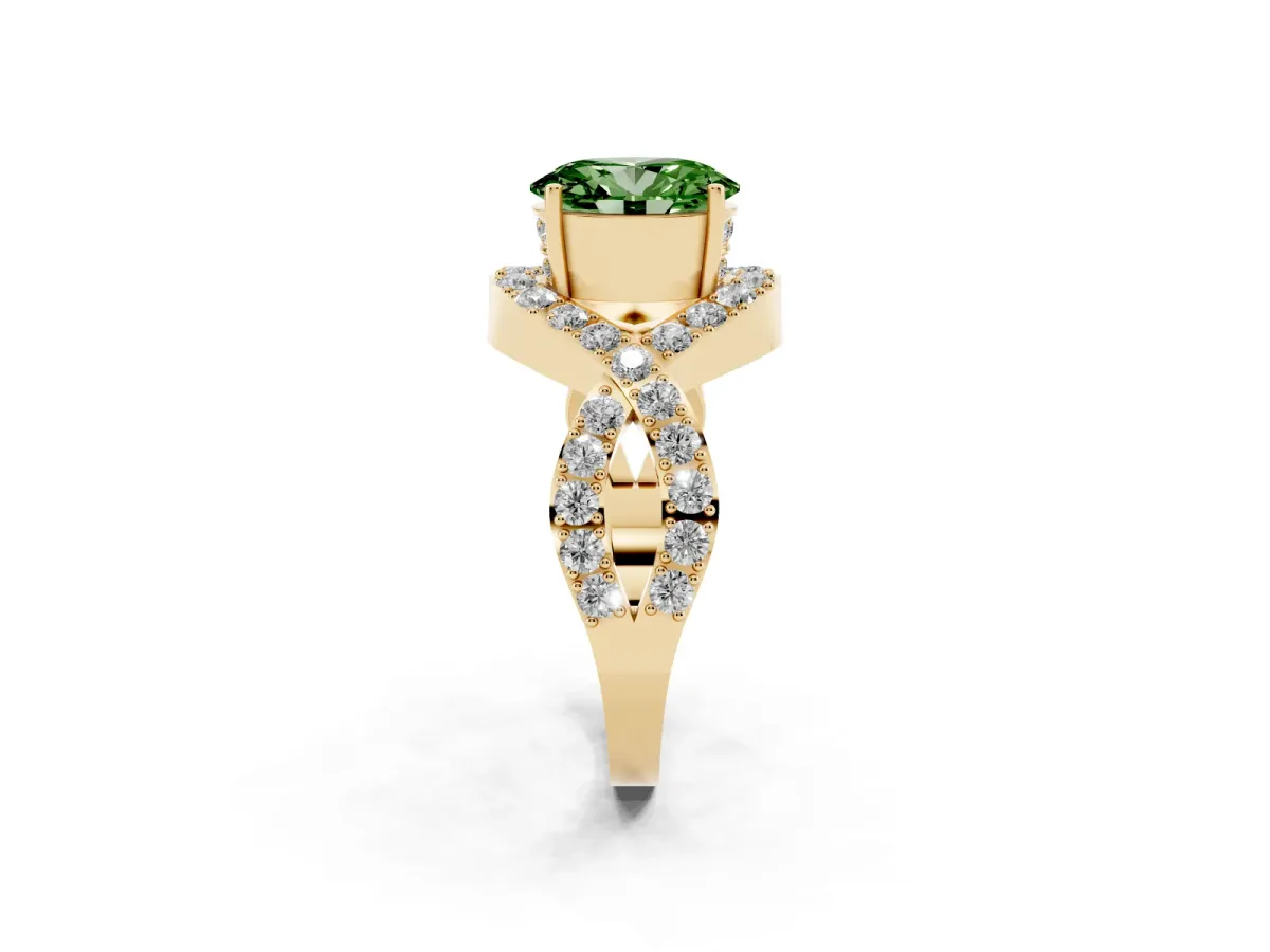 Fancy Green Oval Cut Solitaire Twist Band Pavé Diamond Engagement Ring Yellow gold