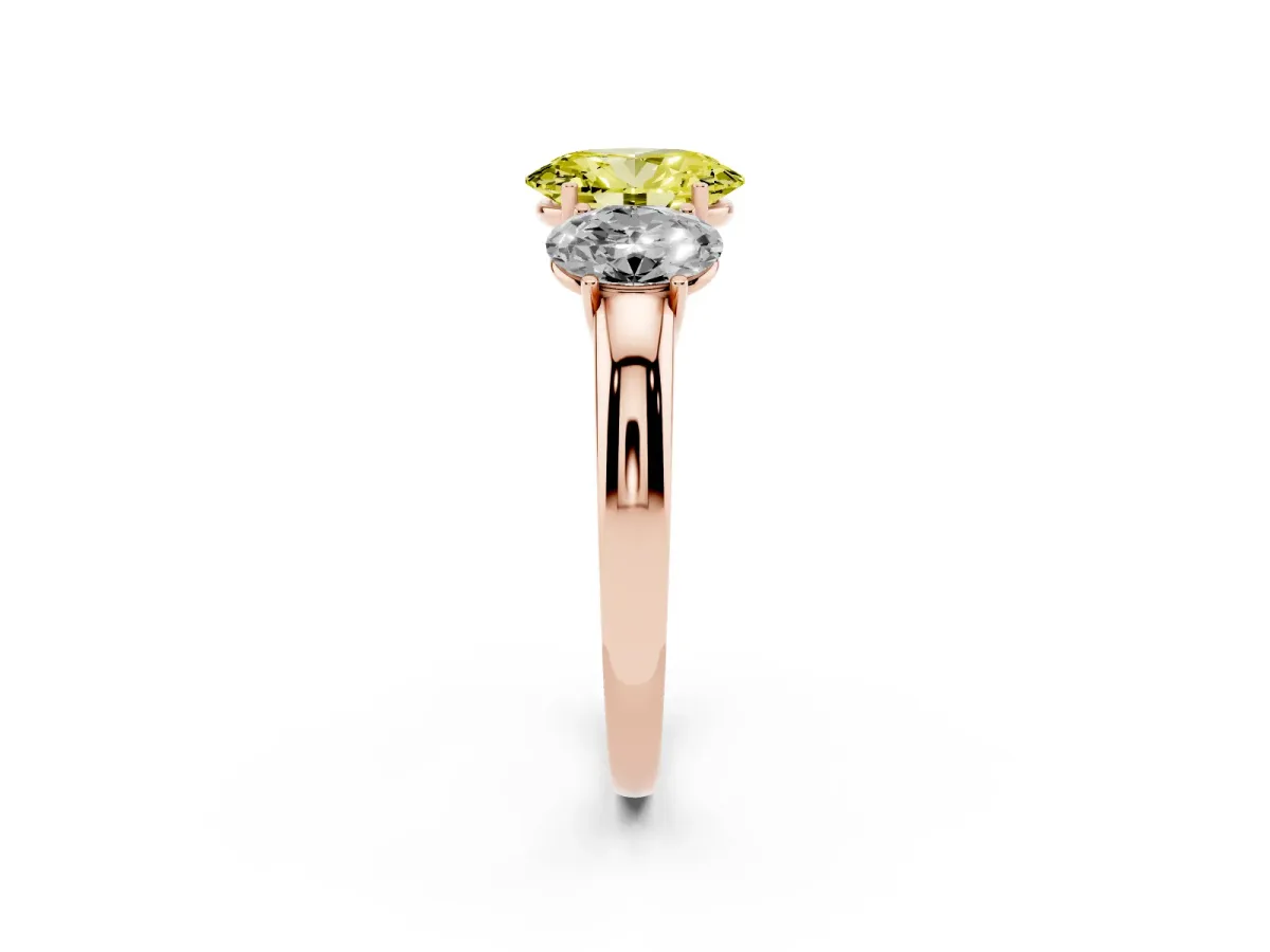 Fancy Yellow Oval Cut Diamond Three-Stone Ring with Four-Prong Setting and Classic Band Rose gold