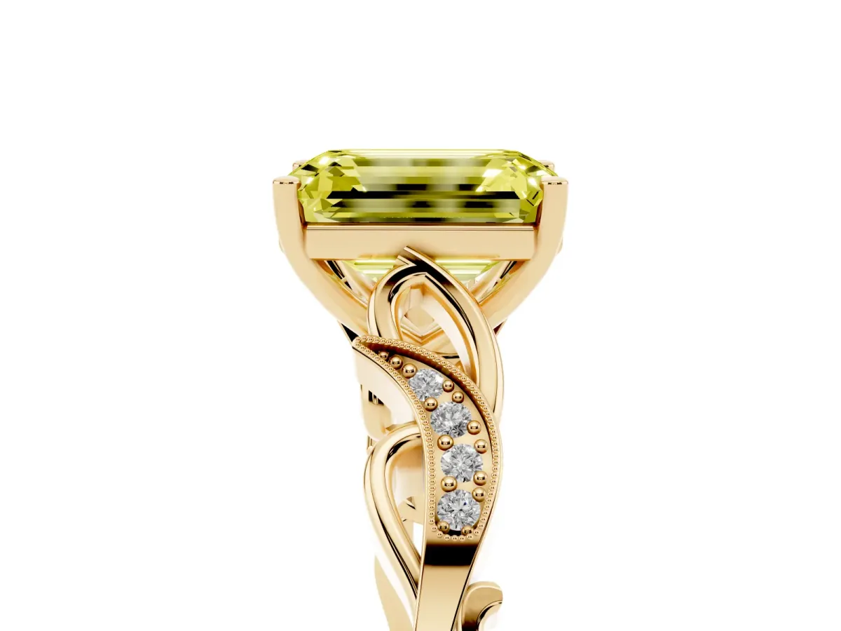 Fancy Yellow Emerald Cut Solitaire Vine Band with Milgrain Prong Setting Yellow gold