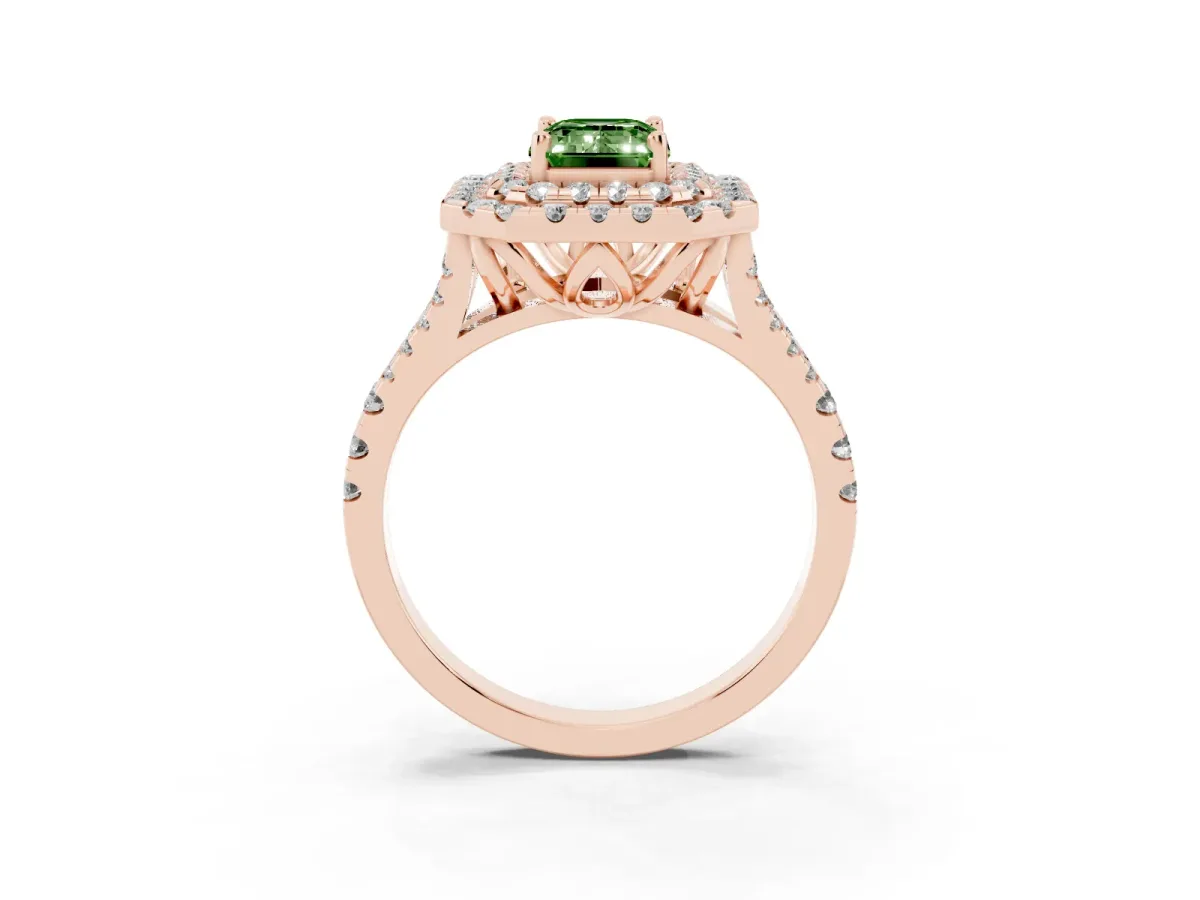 Fancy Green Double Halo Emerald Cut Diamond Pavé Split Shank Ring with Prong Setting Rose gold