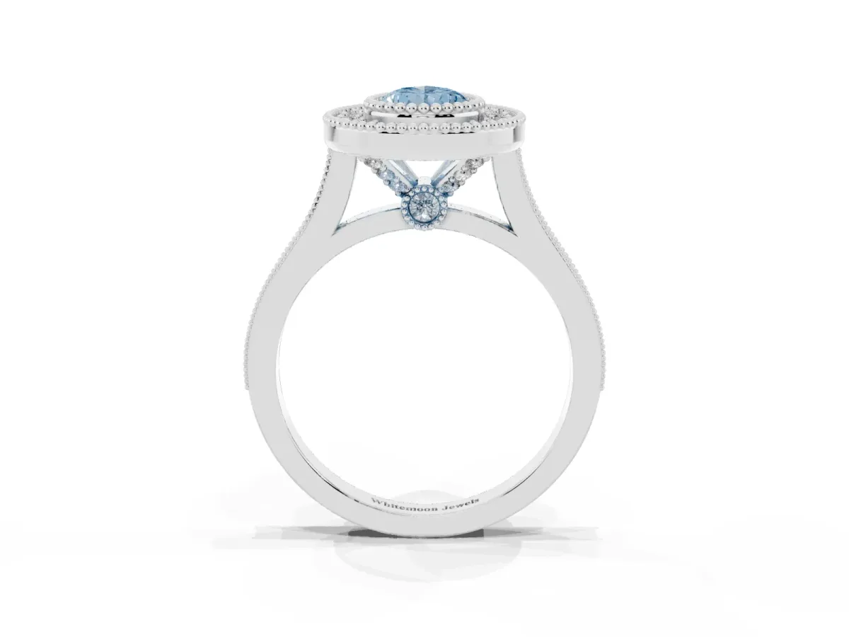 Fancy Blue Pear Cut Diamond Halo Ring with Milgrain Frame and Pavé Band Silver