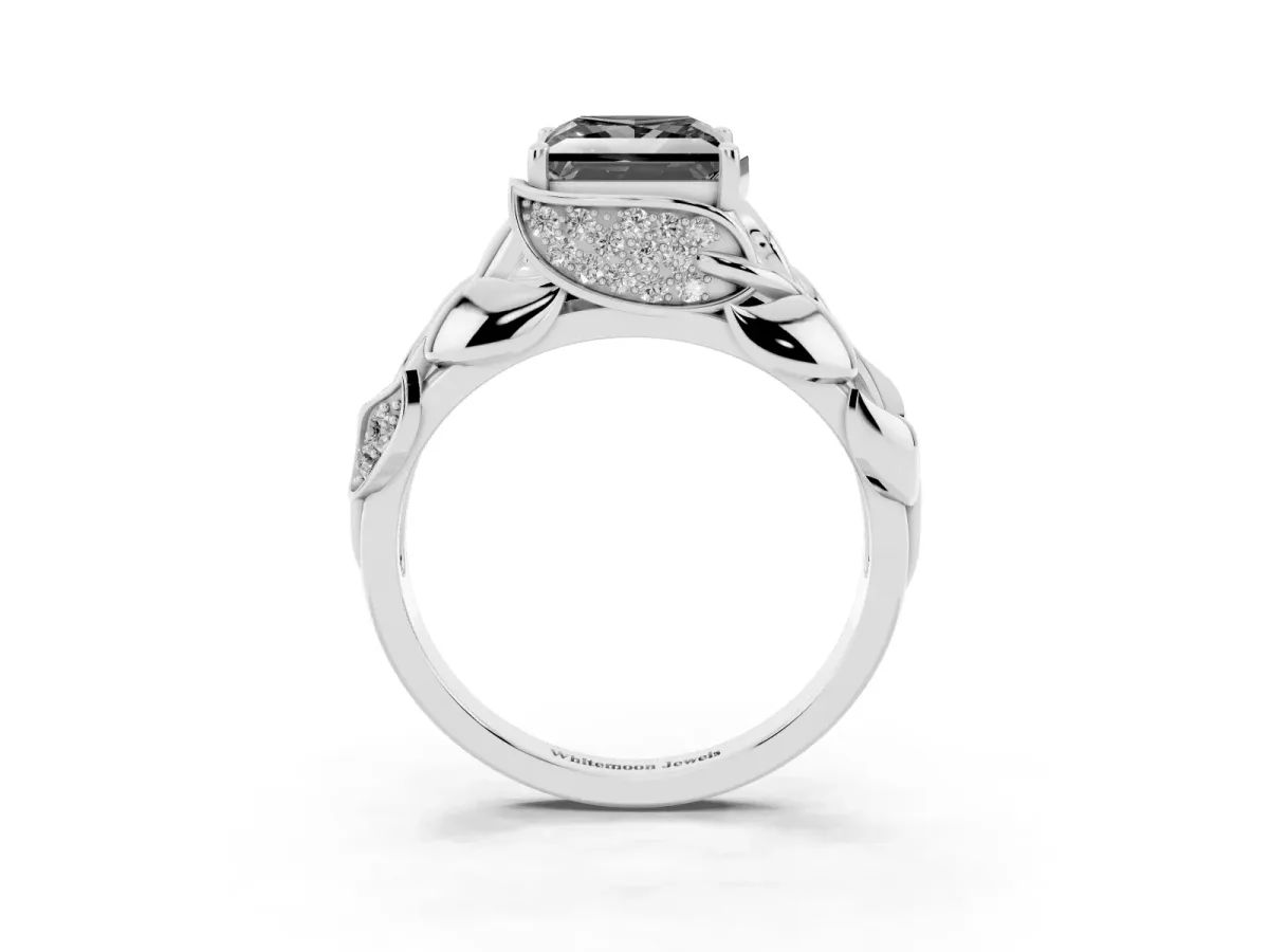 Fancy Black Princess Cut Diamond Leaf-Inspired Engagement Ring with Round Accents and Prong Setting Silver