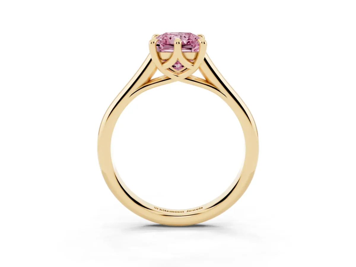 Fancy Pink Radiant Cut Solitaire Engagement Ring with Six-Prong Setting and Classic Band Yellow gold