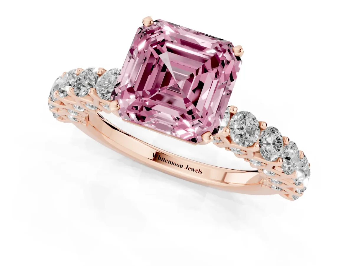 Fancy Pink Asscher Cut Diamond Solitaire Ring with Shared Prong Pavé Band and Four-Prong Setting Rose gold