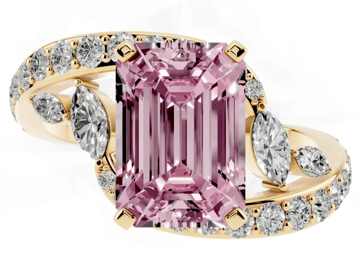 Fancy Pink Emerald Cut Solitaire with Pavé Twist Band and Four-Prong Setting Yellow gold