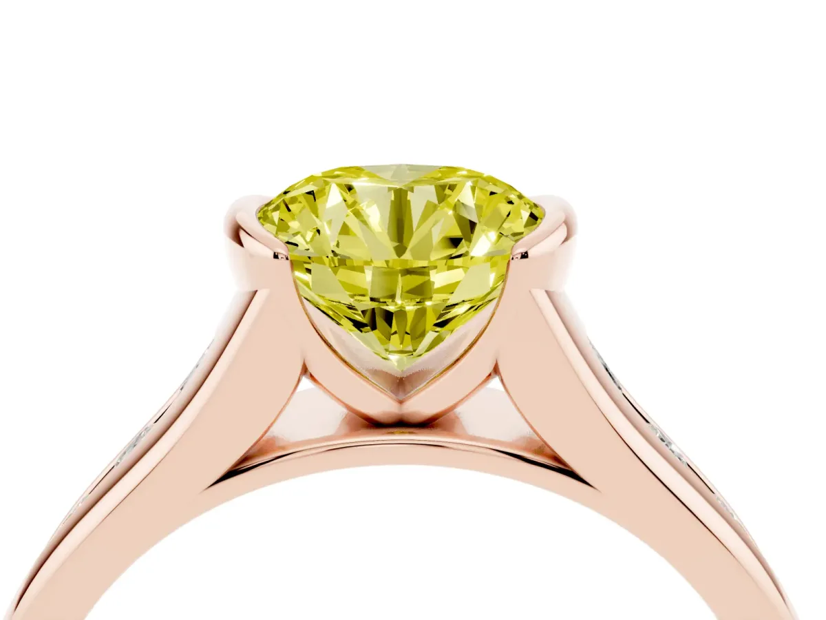 Fancy Yellow Round Cut Solitaire Bezel-Set Diamond Ring with Channel-Set Band Rose gold