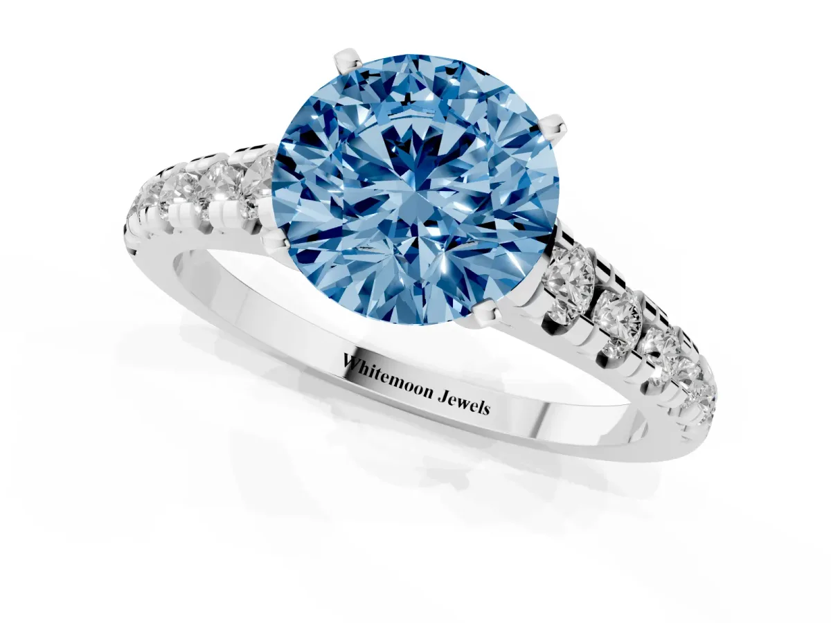 Fancy Blue Round Cut Diamond Cathedral Solitaire Ring with Round Pavé Band Silver