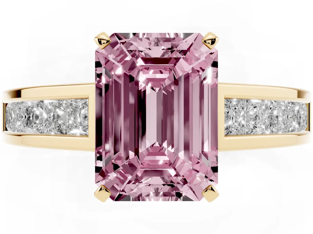 Fancy Pink Emerald Cut Solitaire Diamond Ring with Channel-Set Band and Four-Prong Setting Yellow gold