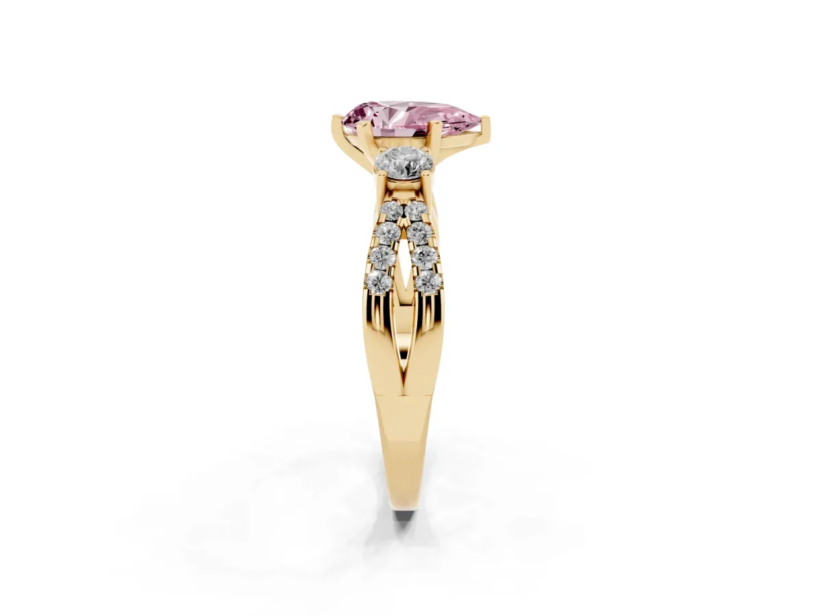 Fancy Pink Pear Cut Diamond Three-Stone Ring with Pavé Split Shank and Four-Prong Setting Yellow gold