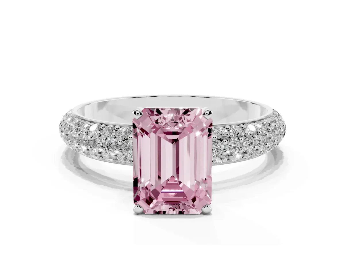 Fancy Pink Emerald Cut Diamond Solitaire Ring with Prong Setting and Pavé Band Silver