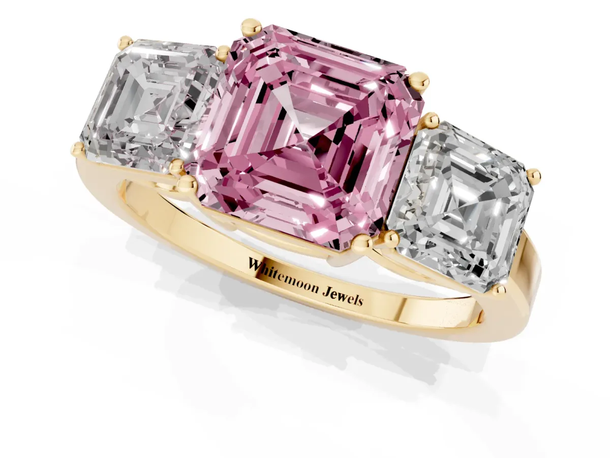 Fancy Pink Three-Stone Asscher Cut Cut Diamond Engagement Ring with Flat Band and Four-Prong Setting Yellow gold