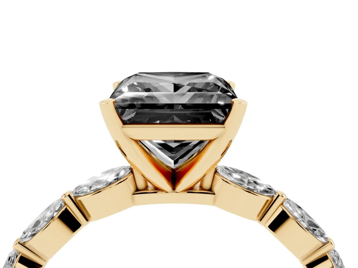 Fancy Black Princess Cut Diamond Ring with Marquise Side Stones and Prong Setting Yellow gold