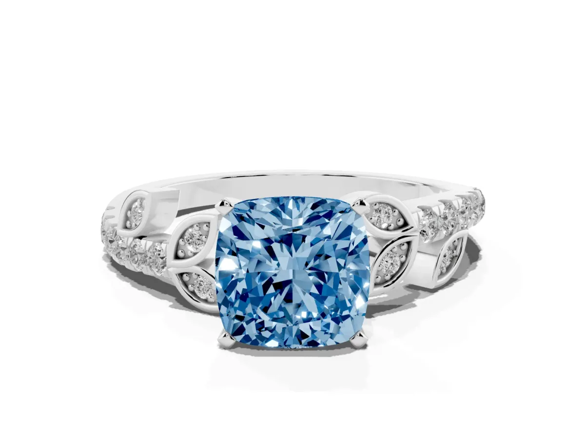 Fancy Blue Cushion Cut Solitaire Leaf-Inspired Diamond Ring with Pavé Band and Four-Prong Setting Silver