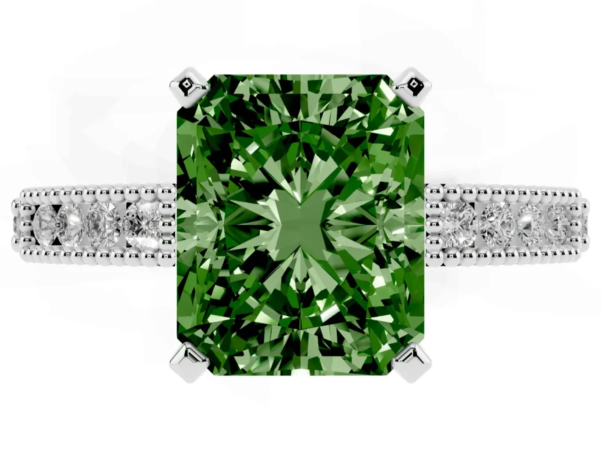 Fancy Green Radiant Cut Solitaire with Pavé Band and Four-Prong Setting Silver