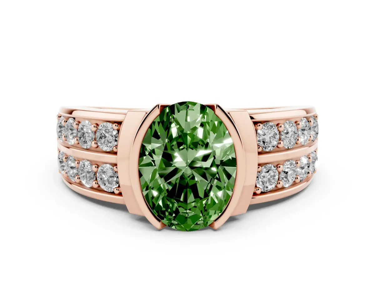 Fancy Green Oval Cut Brilliant Diamond Channel Set Wide Band Ring with Bezel Setting Rose gold