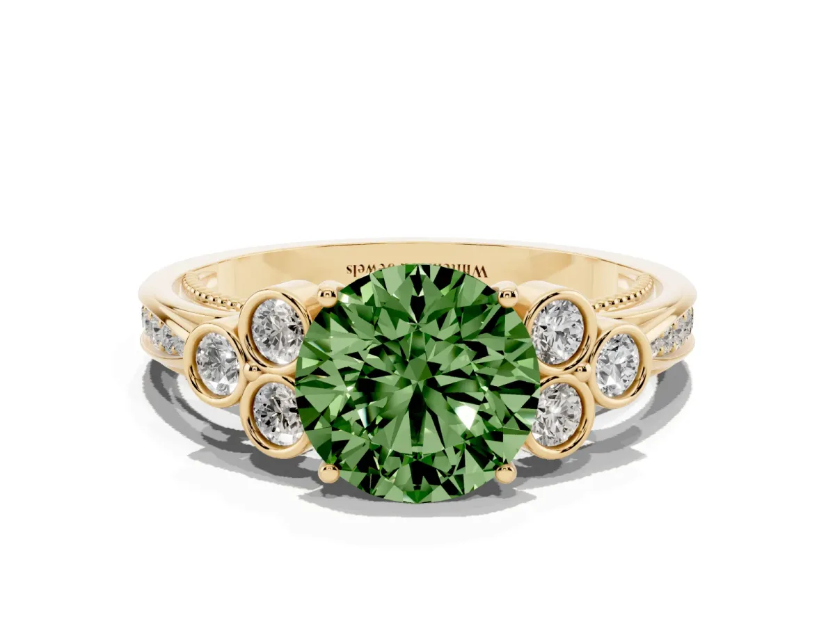 Fancy Green Round Cut Cut Diamond Engagement Ring with Bezel Set Round Side Stones and Prong Setting Yellow gold