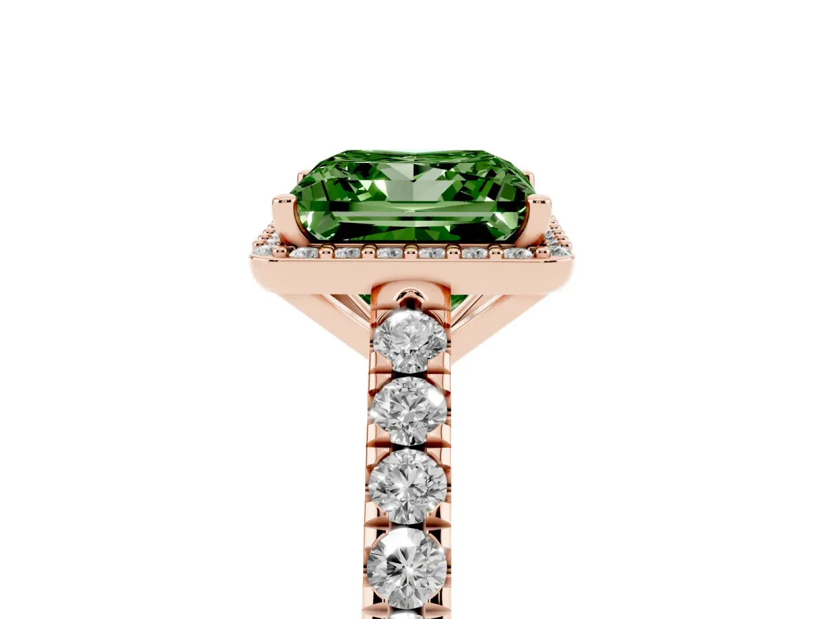 Fancy Green Princess Cut Cut Halo Diamond Engagement Ring with Pave Band and Four-Prong Setting Rose gold