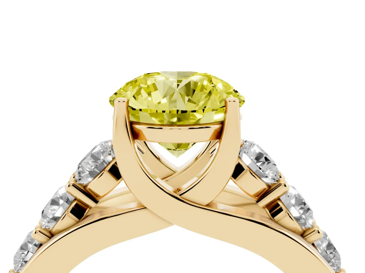 Fancy Yellow Round Cut Diamond Engagement Ring with Pavé Band and Four-Prong Setting Yellow gold