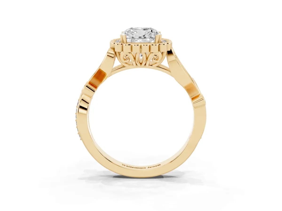 Cushion Cut Diamond Halo Ring with Vintage Split Shank and Four-Prong Setting Yellow gold