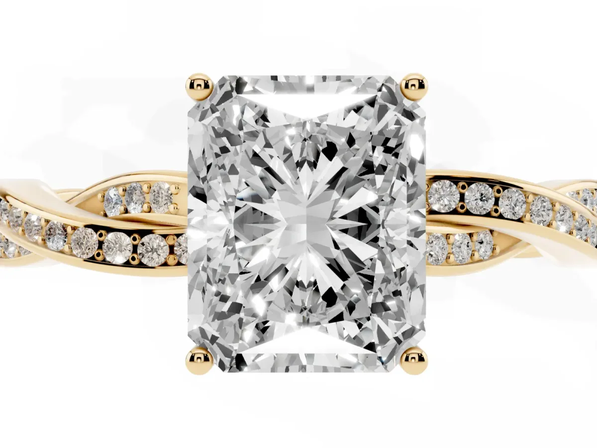 Radiant Cut Solitaire Twisted Pave Diamond Ring with Four-Prong Setting Yellow gold