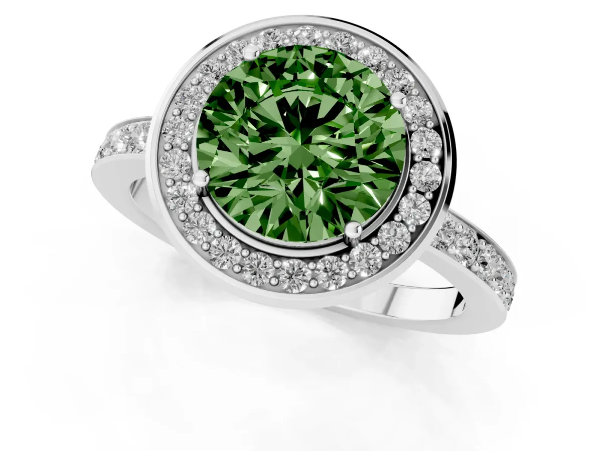 Fancy Green Round Cut Diamond Halo Ring with Bezel Frame and Pavé Band Silver