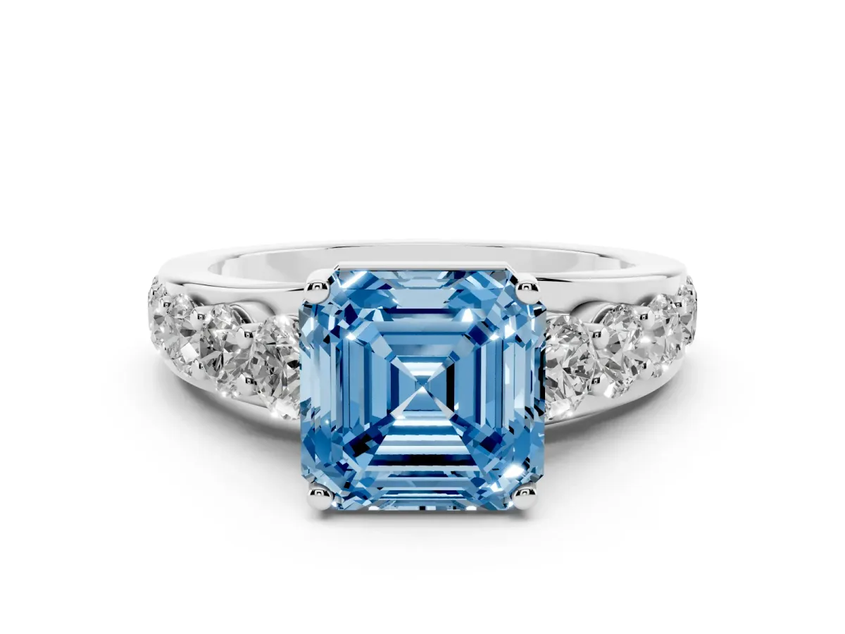 Fancy Blue Asscher Cut Diamond Engagement Ring with Pavé Band and Four-Prong Setting Silver