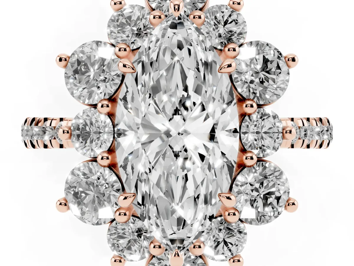 Marquise Cut Diamond Floral Halo Ring with Round Pavé Band and Prong Setting Rose gold