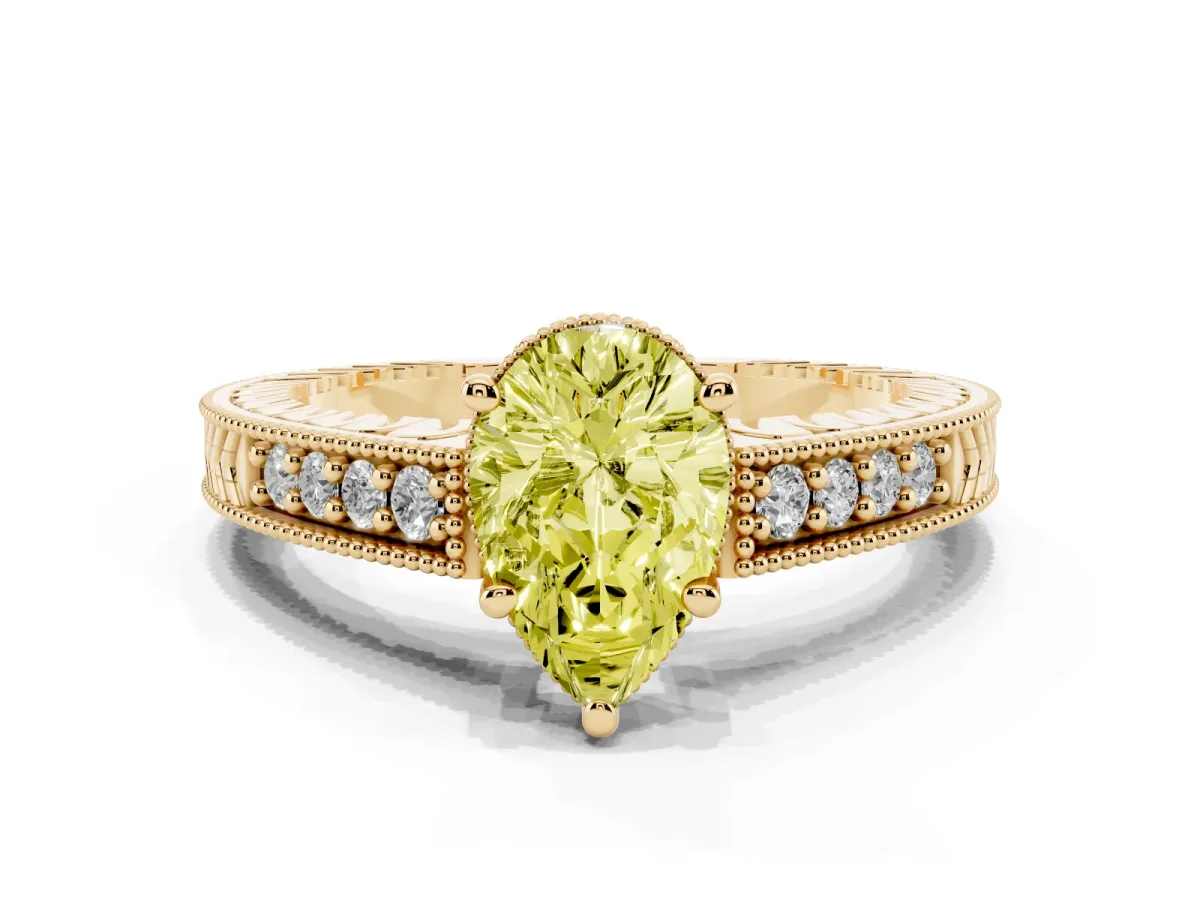 Fancy Yellow Pear Cut Solitaire Pavé Diamond Milgrain Engagement Ring with Four-Prong Setting Yellow gold