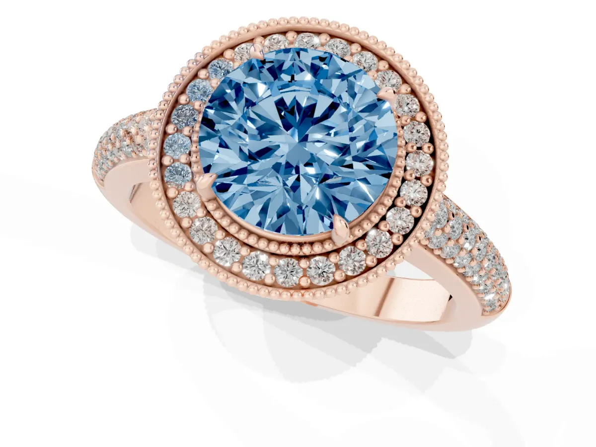 Fancy Blue Round Cut Cut Halo Diamond Pave Band with Four-Prong Setting Rose gold