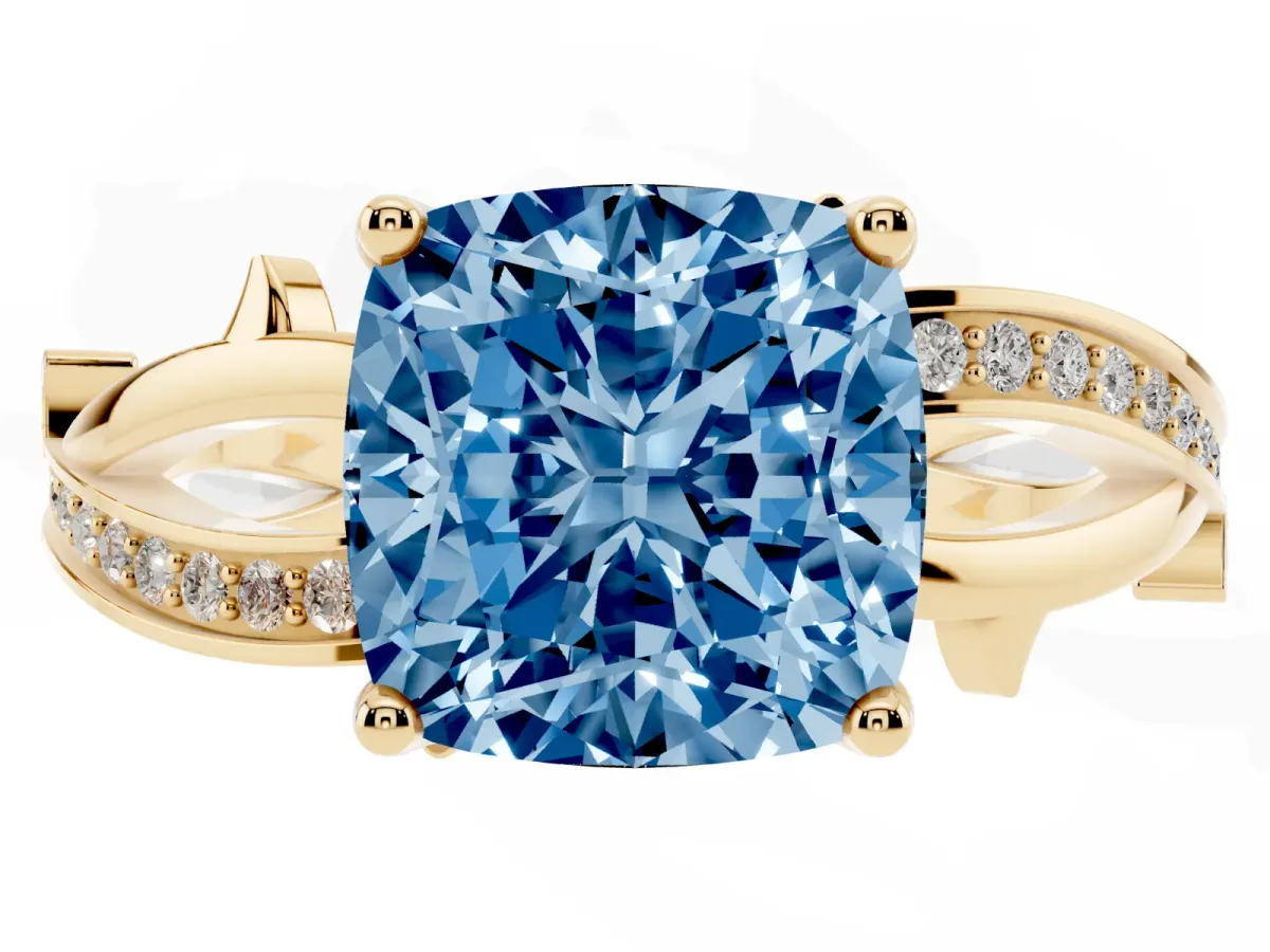 Fancy Blue Cushion Cut Solitaire Twist Band with Pavé Accents and Four-Prong Setting Yellow gold