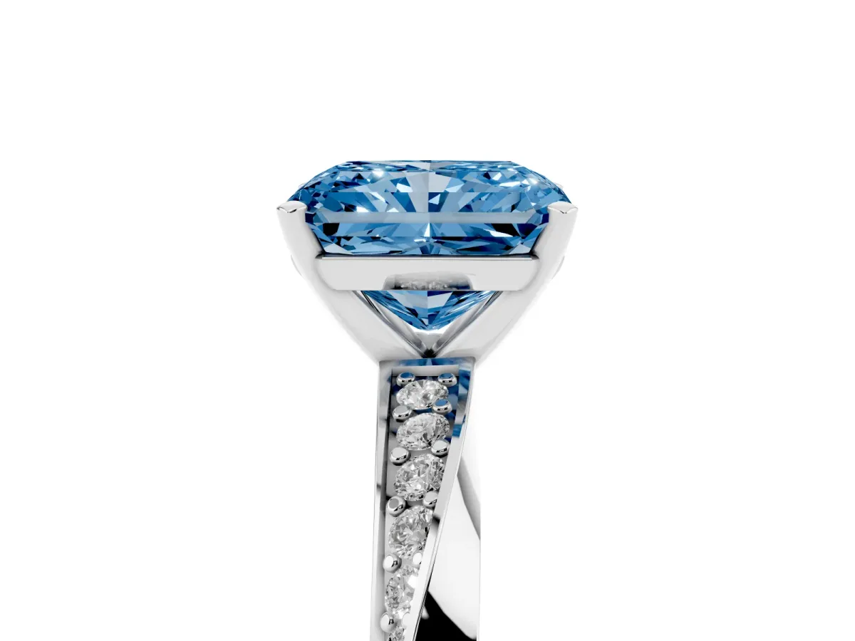 Fancy Blue Radiant Cut Diamond Engagement Ring with Side Stone Accents and Four-Prong Setting Platinum